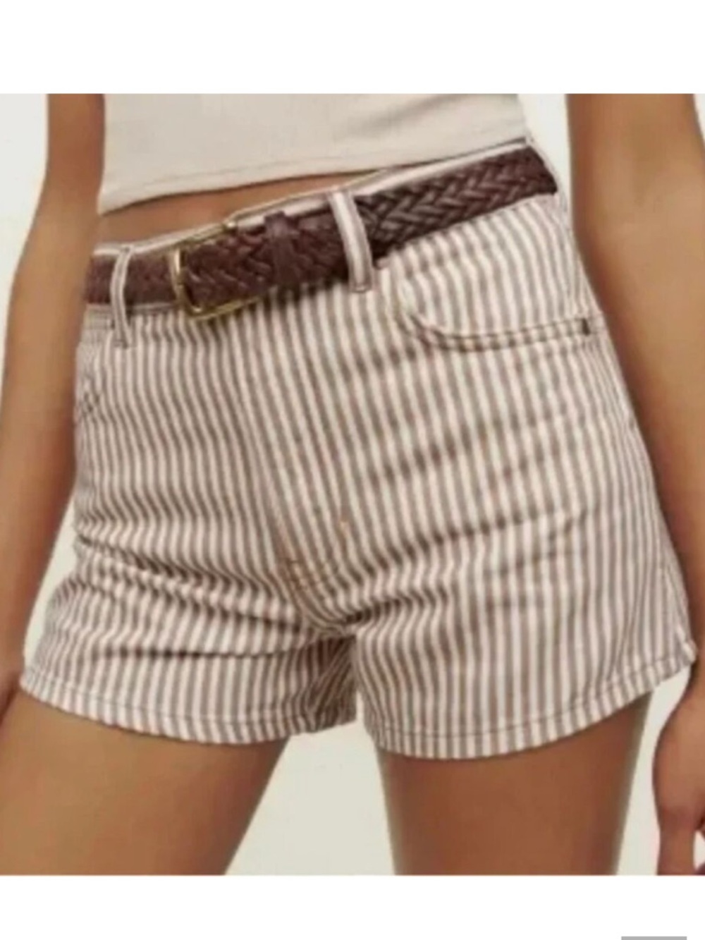 Reformation White and Tan Stripe Cowboy High Rise Jean Shorts